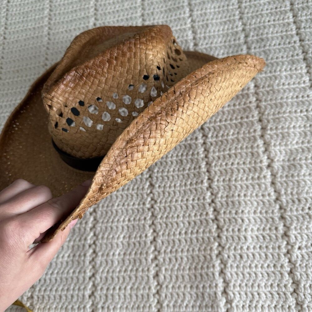 Peter Grimm Cowboy Hat Woven Straw Paper One Size Open Weave Tea Stain Tan Brown - Picture 10 of 11